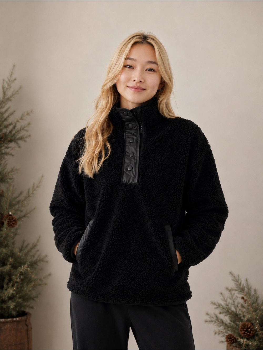 cozy sherpa snap sweatshirt